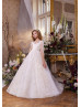 Long Sleeves Beaded Ivory Lace Tulle Floral Flower Girl Dress